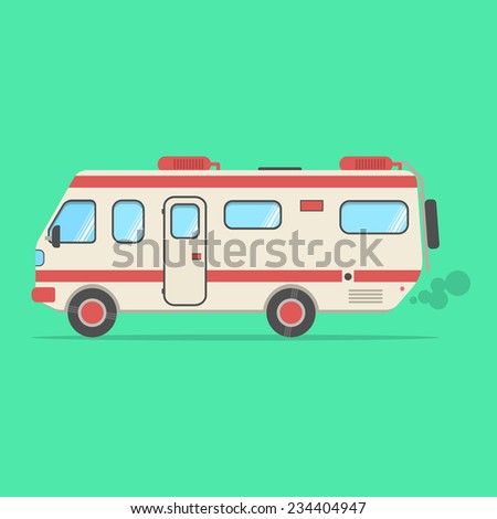 red and beige travel camper van isolated on green background. concept of outdoor recreation and travel around the world. flat style design trendy modern vector illustration