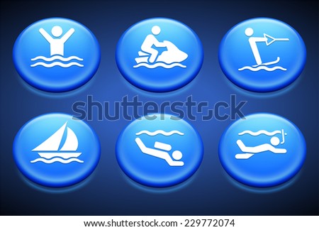 Swimming and Water Sports on Blue Round Buttons