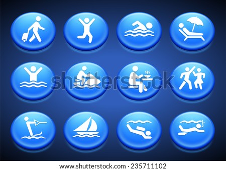 Water Sport and Recreation on Blue Round Buttons