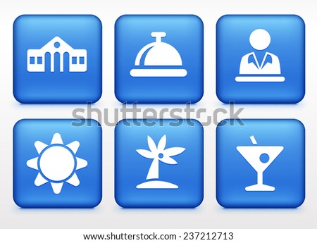 Vacation and Recreation and Travel on Blue Square Buttons