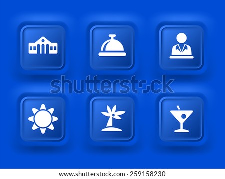 Vacation and Recreation Activity on Blue Bevel Square Buttons
