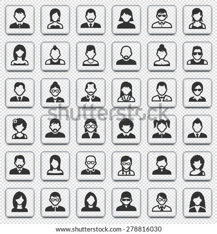 People Face Set on Transparent Square Buttons