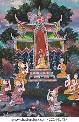Buddha painting on wall in temple.