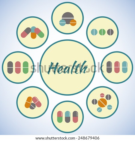Health card. Pharmacy icons set, pills and capsules. Medicine background. Vector illustration