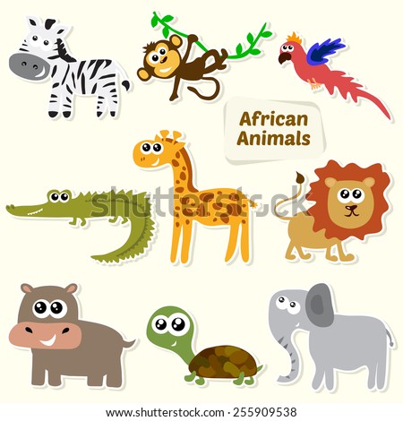 Set of jungle animals. Cute cartoon African animals. Vector illustration