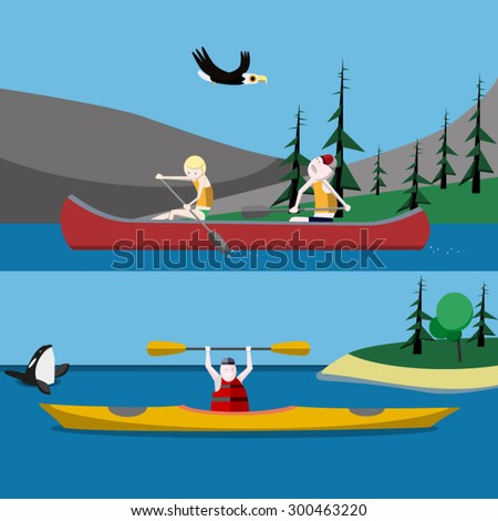 Canoeing  and kayaking flat vector illustrations