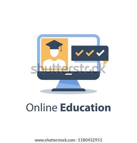 Education webinar, online course, subject lecture, web seminar, training class, tutor or guide, distant exam, tutorial access, computer monitor and person in graduation hat, vector icon