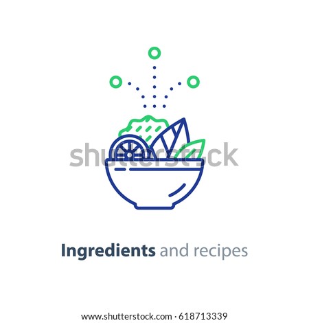 Food dish recipe, nutrition concept, salad ingredients, vector mono line icon