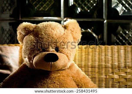 Teddy bear sitting by a wood stove