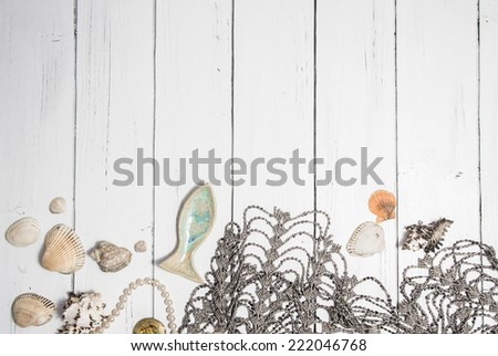 Sea theme border background with network, seashell, fish and pearl chaplet on a white vintage wooden boards. Vintage shabby chic style for card design