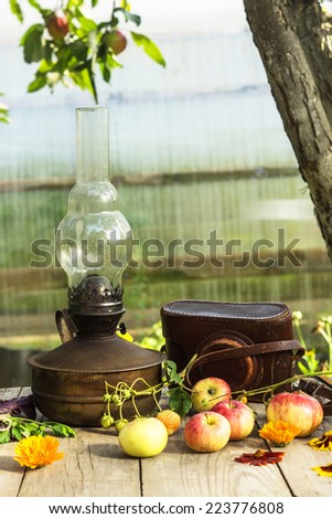 Old vintage kerosene lamp on a wooden table with fresh apples and camera case  in a summer autumn garden