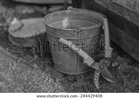 Garden equipment with metal bucket, scissors on the ground