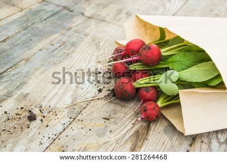 Fresh radish in a paper bag on a grey wooden table in the garden