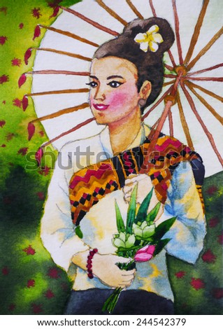 girl in traditional thai dress watercolor painting