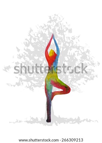 tree pose yoga, watercolor painting, abstract aura power double exposure
