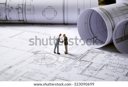 Architecture plans and sketch of house project with character