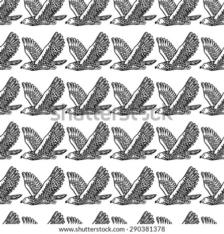 Seamless pattern of abstract monochrome silhouettes flying eagle, bird. vector