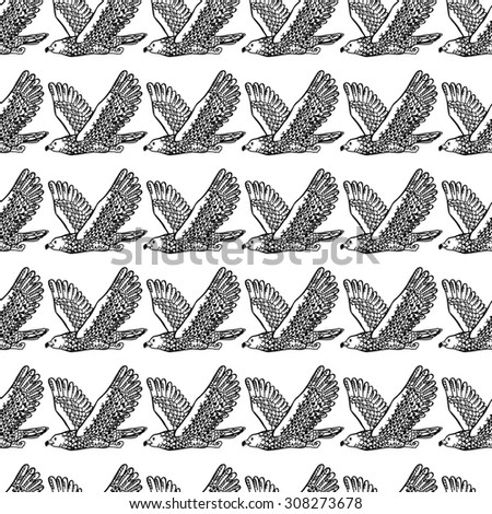 Seamless pattern of abstract monochrome silhouettes flying eagle, hawk, vulture, bird of prey. Birds of prey painted by hand. A flock of eagles, hawks, vultures soaring in the air.