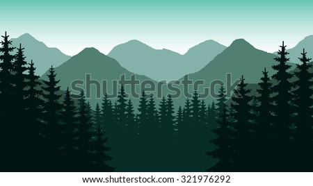 Abstract image in the background of mountains and dense forest down to the valley in the foreground. Mountain landscape. Forest mountains in the background. Picture for conversion. vector