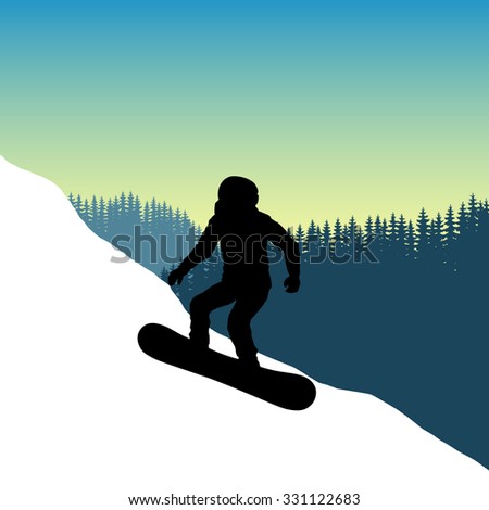 The sportsman on a snowboard down the mountain with snow in a forest. Winter sports in the mountains. Abstract vector silhouette of a snowboarder. Downhill snowboarder wearing a helmet. Safety.