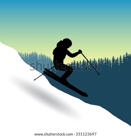 Sportsman skiing down the snow with mountains in the background of the forest. Alpine winter sports. Abstract vector silhouette of skier jumping. Downhill skier in helmet. Safety.