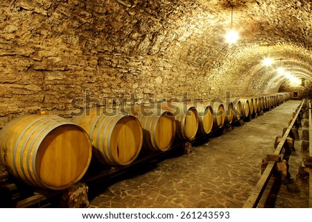 Old cellar of the winery with barrels of wine.