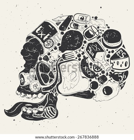 Figure skull of food collage. Skull food, fast food, retro style, calm colors
