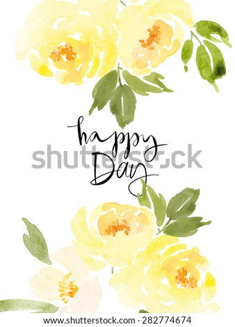 Watercolor greeting card flowers. Handmade. Congratulations. Bouquet of yellow roses.