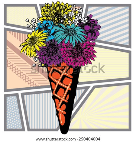 Pop Art Ice Cream flowers Summer Sale. Vector Illustration.