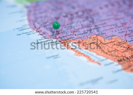 A map pin with a green head, placed at Los Angeles, CA on a map.