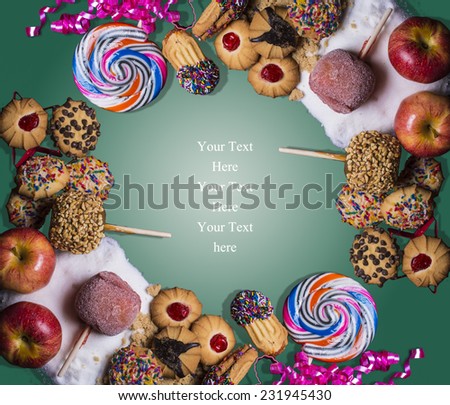 Cookies and candy frame for a card, flyer, or background. Candy apples, lollipops, cookies, and sugar.