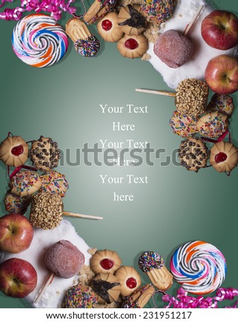 Cookies, candy apples, and lollipops frame a letter size page. Teal blue background with room for text.