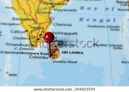 Map showing Sri Lanka with a map pin in Colombo.