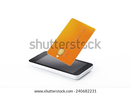 Smart phone with credit card above, electronic wallet, mobile pay