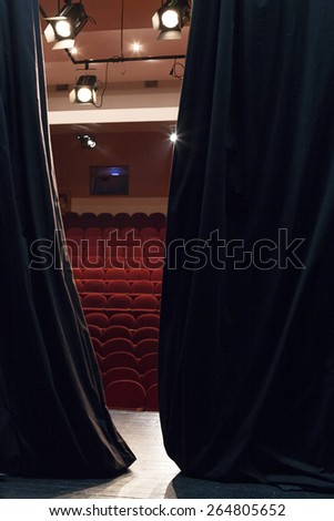 View from behind the curtains in a theater hall. Casting call