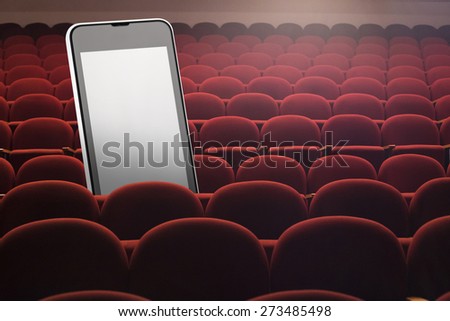 Smart phone in theater hall. Pick the best seat. Reservation concept