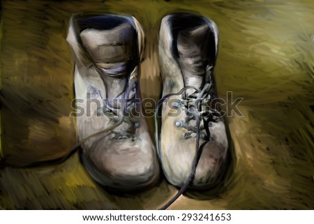 Shoes. Trekking boots. Hand digital manipulation like old instant film manipulation technique.
