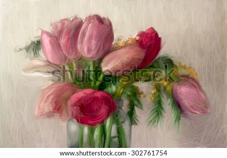 Romantic tulip bouquet. Hand digital manipulation like old instant film manipulation technique.