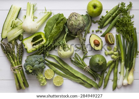 Collection of green fruit and vegetable ingredients