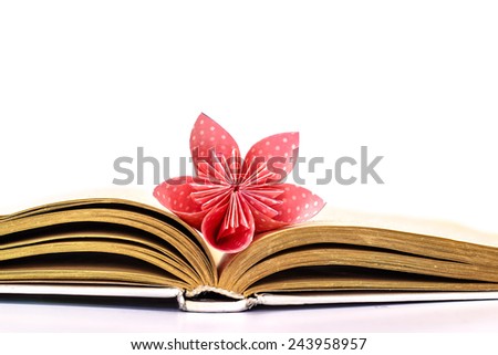 Open book with paper flower isolated on white background