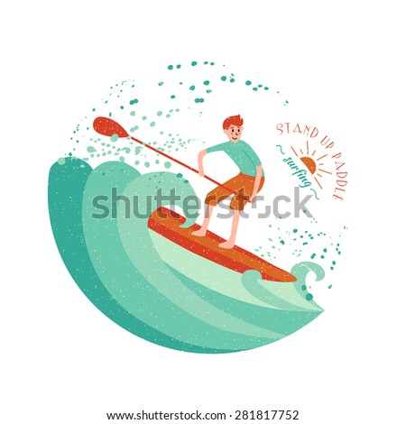 Stand Up Paddle Surfing. Young boy on the green wave.