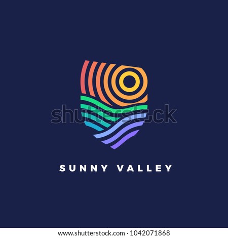 Line art emblem Sunny Valley. Line logotype for wine yards or landscape with hills and stripes.