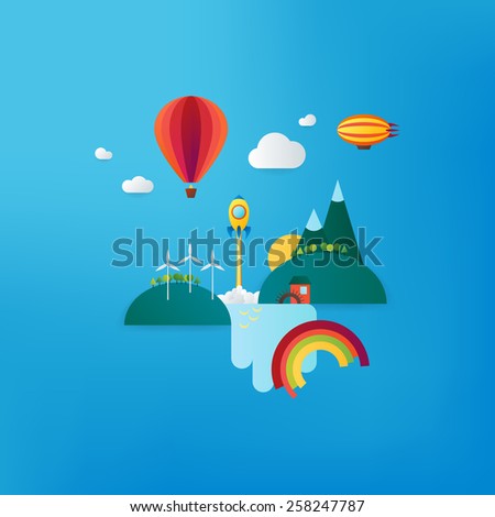 Futuristic landscape with balloon, rocket, dirigible, waterfall and mountains. Alternative energy. Renewable energy. Material design