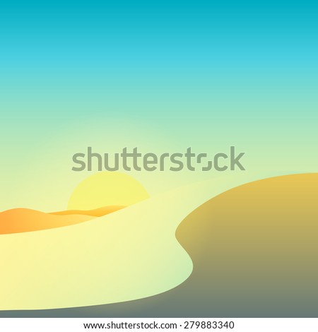 Beautiful desert landscape with rising sun. Vector illustration
