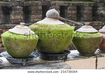 Water jars of the ancient Thai temple in Thailand.