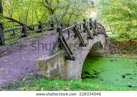 The bridge over the river. Small, beautiful bridge across the tranquil river. Bridge with handrails in autumn Park or woods. On the bridge are autumn leaves. Quiet river covered with green duckweed.