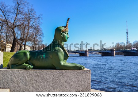 The Sphinx at the Kamennoostrovsky bridge. The sculpture of the Sphinx in St. Petersburg. The sculpture is located on a rocky island on the Malaya Nevka Embankment. The Sights Of St. Petersburg.