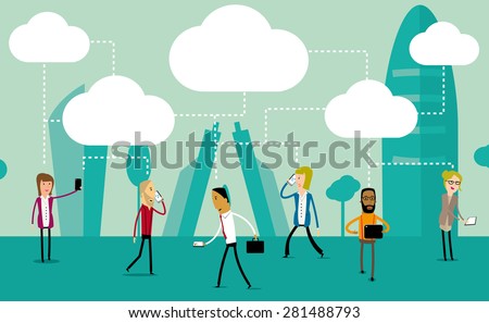 Group of urban people using their phones and tablets to share everything in the cloud. Social media concept vector design