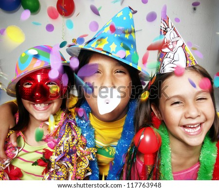 Three Funny Carnival Kids Portrait Enjoying Together.