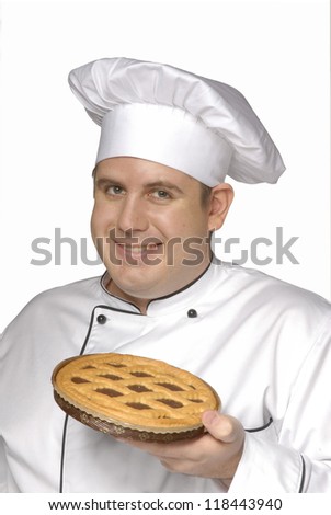 Chef holding a big chocolate pie cake,cook holding a chocolate pie on white background.